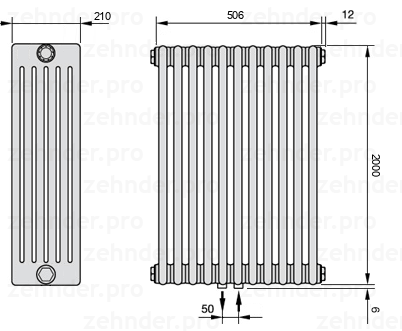 Схема (чертеж) Радиатор Zehnder Charleston 6200/11 №5410 Белый глянцевый RAL 9016